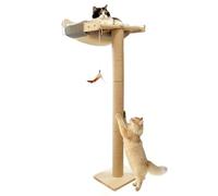 Cat Window Perch with Scratching Post, 46" Adjustable Tall Scratching Posts & Suction Cup - Gray Rabbit Fur Pad, Multi-Level Perch for Climbing, Bird Watching, Play, Supports 45 lbs (Drilling-Free)