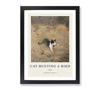 Cat With A Bird By Bruno Liljefors Exhibition Museum Painting Framed Wall Art Print, Ready to Hang Picture for Living Room Bedroom Home Office Décor, Black A4 (34 x 25 cm)
