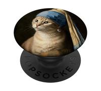 Cat With a Pearl Earring Funny Art Parody Vermeer PopSockets Adhesive PopGrip