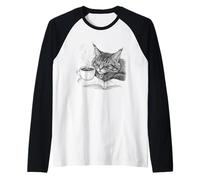 Cat with Coffee and Open Book Cozy Reading Vibes Raglan Baseball Tee