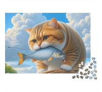 Cat with Fish 1000pc Heavy-duty Cardboard Puzzle for Adults Brain Teaser Lovers Team Building Holiday Pastime Collectible Item Missing Piece Guarantee 38x26cm/1000pcs
