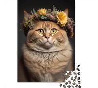 Cat with Flowers Crown 1 Jigsaw Puzzle Adult 1000 Pieces Classic Puzzle Wooden Jigsaw Puzzle Wall Art Unique Toys 1000pcs (75x50cm)
