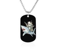 Cat with Guns Riding Shark Couples Memorial Necklaces for Women Men Square Titanium Steel Chains Pendant Jewelry Gift