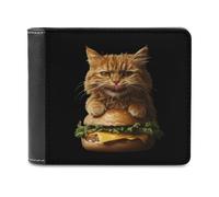 Cat with Hamburger Leather Men's Bifold Wallet Minimalist Credit Card Holder Simple Coin Purse with Hidden Slots