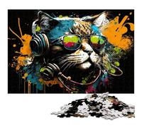 Cat with Headphones 1000 Piece Jigsaw Puzzle Wooden Jigsaw DIY Decoration, Brain Challenge, for Adult, Family, 50x75CM/19.68x29.52inch