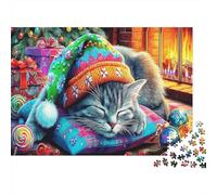 Cat with Knit Hat 1000 Pieces Thick Cardboard Jigsaw Puzzles Highly Challenging for Adults Teens 12-18 Brainteasing Sleeping Pets Puzzle Decompression Relaxation 38x26cm/1000pcs