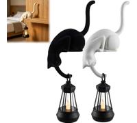 Cat with Lantern Shelf Decor, Bookshelf Lantern Cat，White+Black | 3D Printed LED Hanging Cats Figurine, Retro Style Night Light for Porches Patios and Bookshelves, Ideal Gifts for Cats Lovers