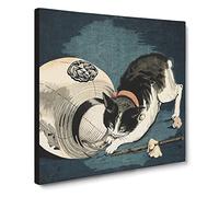 Cat with Paper Lantern by Kobayashi Kiyochika Canvas Print | Gallery Wrapped 30mm Frame Wall Art | 14x14 inches | Ready to Hang | Modern Animals Picture | Living Room Bedroom Lounge Office