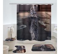 Cat with Tiger Heart Bathroom Accessories Mildew Waterproof Shower Curtain 3-piece Toilet Mats Rugs