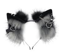 Cat Wolf Fox Dog Ears Headband, Furry Ears Headwear with Metal Heart and Chain Decor Gothic Punk Therian Ears Hairband for Halloween Costume Party, Black and Grey