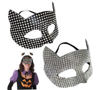 Cat Woman Mask, 2Pcs Cat Woman Mask Half Face Rhinestone Costume Women Fashionable Cosplay for Halloween, Masquerade, Black + Silver