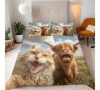 Cat Yak Duvet Cover Set 260x220 cm with 2 Pillow Cases 50x75 cm Cute Animal Bedding Set Super King Size 3D Print Quilt Cover 3 Piece Microfiber with Zipper Fixable Corner Straps Comforter
