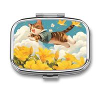 Cat Yellow Flower Pill Case Box with 2 Compartment Medicine Vitamin Organizer for Purse Pocket 5.5x4cm