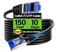 Cat6A Ethernet Cable Shielded 10Gbps 150 ft, Slim Shielded (F/UTP) Ethernet Cable Cat 6, Flexible 28AWG Bare Copper Cat6 Cable, Space-saving Cat 6a Network Cable for Server, Data Center, Black