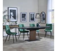 Catalina Black Ceramic Extending Dining Set with Walnut Pedestal Base - Corona Green Fabric Chairs