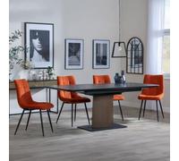 Catalina Black Ceramic Extending Dining Set with Walnut Pedestal Base - Corona Orange Fabric Chairs