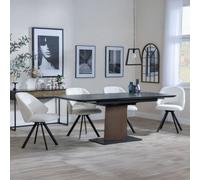 Catalina Black Ceramic Extending Dining Set with Walnut Pedestal Base - Ion Cream Boucle Teddy Fabric Swivel Dining Chair