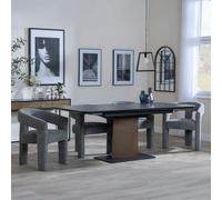 Catalina Black Ceramic Extending Dining Set with Walnut Pedestal Base - Kiefer Grey Boucle Fabric Dining Chair
