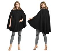 Catalonia Classy Cape Coat for Women, Warm Soft Fleece Ponchos, Black Shawls Cloak with Leopard Print Collar, Wheelchair Blanket Winter Warm Cover