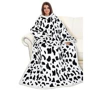 Catalonia Classy Cow Print Warm Blanket with Sleeves, Cozy Gift for Chill Day, Dual Sherpa Fleece Blanket for Sofa, Soft Gift for Adult Women Men 185 x 140 cm