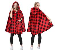 Catalonia Classy Fleece Cape Coat for Women, Super Soft Warm Hood Poncho, Wheelchair Blanket Winter Warm Shawls, Sherpa Fleece Cloak Coat with Buttons, Wine Red plaid