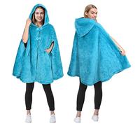 Catalonia Classy Fleece Cape Coat for Women, Super Soft Warm Hood Poncho, Wheelchair Blanket Winter Warm Shawls, Sherpa Fleece Cloak Coat with Buttons, Blue