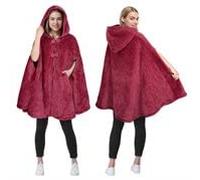 Catalonia Classy Fleece Cape Coat for Women, Super Soft Warm Hood Poncho, Wheelchair Blanket Winter Warm Shawls, Sherpa Fleece Cloak Coat with Buttons, Wine