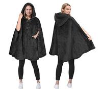 Catalonia Classy Fleece Cape Coat for Women, Super Soft Warm Hood Poncho, Wheelchair Blanket Winter Warm Shawls, Sherpa Fleece Cloak Coat with Buttons, Black