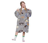 Catalonia Classy Kids Oversized Hoodie Wearable Blanket, Sherpa Fleece Hooded Pullover with Pocket for Children Teens, Design with Grey Dog Print