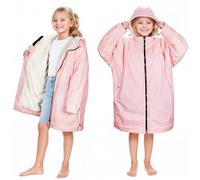 Catalonia Classy Kids Waterproof Changing Robe, Oversized Swim Beach Dry Coat with Fleece Lining, Two Bare Feet Regatta Parka for Boys & Girls, Pink, XS/ 9-13 Age