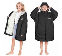 Catalonia Classy Kids Waterproof Changing Robe, Oversized Swim Beach Dry Coat with Fleece Lining, Two Bare Feet Regatta Parka for Boys & Girls, Black, XXS/ 5-9 Age