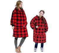 Catalonia Classy Sherpa Hooded Blanket Cosy Hoodie Blanket, Fluffy Warm Sweater Blanket Long Hooded Sweatshirt with Large Hood and Front Pocket, Gifts for Kids Adults Women Men Girls, Red Plaid