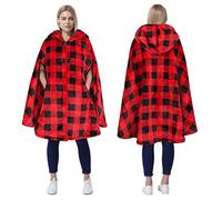 Catalonia Classy Tartan Women Hooded Poncho, Sherpa Fleece Cloak Coat, Soft Warm Snuggly Blanket Cape, Cozy Plush Wearable Blanket for Adult, Gift Idea for Adults and Teen Girls, Red check/Black