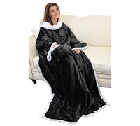 Catalonia Classy Warm Blanket with Sleeves, Cozy Gift for Chill Day, Dual Sherpa Fleece Blanket for Sofa, Soft Gift for Adult Women Men 185 x 140 cm, Black