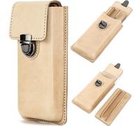 CataPurus Top Grain Genuine Leather 3 Pen/Pencil Tray Case Organizer, Solid Minimalist Design No Logo, Handmade, Brass Plug-in Lock with Drawer, Gift Choice for Man/Woman/Office, Glossy Nude, 3 Slots