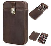 CataPurus Top Grain Genuine Leather 6 Fountain Pen/Pencil Tray Case Holder, Handmade Minimalist Design, Brass Plug-in Lock with Drawer Design, Gift Choice for Man/Woman/Office, Matte Coffee, 6 Slots