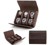 CataPurus Top Grain Genuine Leather 6-Watches Roll Organizer for Man & Woman, Solid Vintage Design for Watches/Bracelets, Fully Handmade, Large Capacity for Traveling & Display, Dark Coffee, 6 Slots