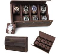 CataPurus Top Grain Genuine Leather 8-Watches Roll Organizer for Man & Woman, Solid Vintage Design for Watches/Bracelets, Fully Handmade, Large Capacity for Traveling & Display, Dark Coffee, 8 Slots