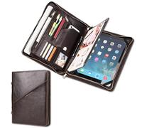 CataPurus Top Grain Leather 12.9" Large Portfolio, Solid Vintage Design, Handmade, Large Capacity Multi-Functional Business Zip Padfolio, Suitable for Cards/Tablet/Phone/A4 Doc, Dark Coffee 12.9 Inch