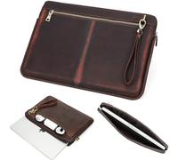CataPurus Top Grain Leather 15.4" Slim Laptop Sleeve Case Bag, Vintage Design with 2 Zip Pocket, Handmade, Compatible with MacBook Pro 15.4" Retina 2.6GHz ThinkPad 15.6" & other PC, Coffee 15.4 Inch