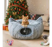 Catasaurus 3-in-1 Plush Donut Cat Tunnel Bed with 3 Mouse Toys - Foldable Peekaboo Cat Cave with Soft Cushion - Cozy Hideaway for Indoor Cats, Kittens, Puppies, Rabbits & Ferrets