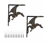 CatchDragon Rustic Cast Iron L Shelf Brackets Holder Heavy Duty, Dragon Gothic Corbels Decorative, Closet Pegboard Wall Corner Brackets Mounted for Shelves (Anti Gold-2)