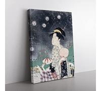 Catching Fireflies By Eishosai Choki Asian Japanese Canvas Wall Art Print Ready to Hang, Framed Picture for Living Room Bedroom Home Office Décor, 50x35 cm (20x14 Inch)