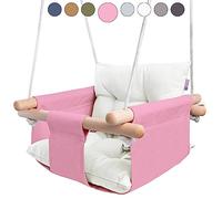 CaTeam - Canvas Baby Swing, Wooden Hanging Swing Seat Chair with Safety Belt, Durable Baby Hammock Chair, Outdoor and Indoor Swing for Kids, Mounting Hardware Included, Pink
