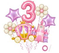 Catelves 7 Princess Foil Balloons, 3rd Birthday Decoration Girl Pink Purple | Aluminium foil with number 3, castle, carriage, stars and flowers; includes balloon ribbon and straw, for air or helium