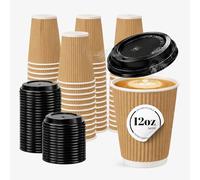 CaterCo 12oz Kraft Ripple Wall Coffee Cups & Lids - 200 Pack Triple Insulated Cups & Lids for Hot Drinks, Tea, Recyclable, Brown Paper Cups Cafes, Takeaway, Events - 12oz / 340ml - 200 Pack with Lids
