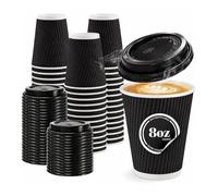 CaterCo 8oz Black Ripple Wall Coffee Cups & Lids - 200 Pack Triple Insulated Cups & Lids for Hot Drinks, Tea - Recyclable, Black Paper Cups for Cafes, Takeaway, Office - 8oz / 237ml - 200 Cups & Lids