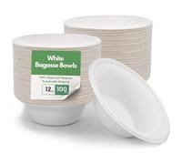 CaterCo Bagasse Sugarcane 12oz / 340ml Bowls - Strong, Disposable, Biodegradable, Compostable Eco-Friendly White Paper Bowl for Soup, Salad, Dessert, Party, BBQ - 12oz Bowls - 100 Pack