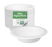 CaterCo Bagasse Sugarcane 16oz / 370ml Bowls - Strong, Disposable, Biodegradable, Compostable Eco-Friendly White Paper Bowl for Soup, Salad, Dessert, Party, BBQ - 16oz Bowls - 500 Pack