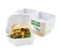 CaterCo Disposable Bagasse Clamshell Food Containers - 6 x 6 inch Burger Box - 50 Pack, Biodegradable Sugarcane Container, Compostable, Eco-Friendly, Takeaway Boxes, 50 Pack (6x6 Inch, 1 Compartment)